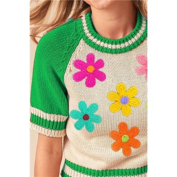 BiBi Crochet Flower Patches Striped Rib Band Sweater - Picture 2 of 3